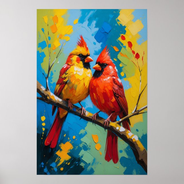 Ljusfärgade Kardinalfåglar Sutter på Gren Poster (Framsidan)
