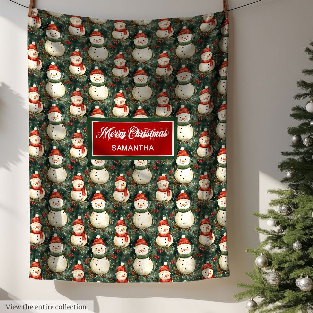 Ljusfärgsfärg Snögubbe Deep Sage Grönt Red Fleecefilt (Playful Watercolor Snowman Deep Sage Green Red Fleece Blanket)