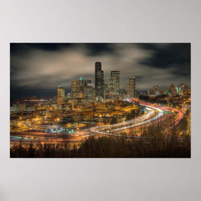 Ljusflöde från bilar på natten poster (Framsidan)