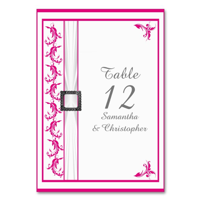 Ljusfuchsia rosa Damask vit snöre bröllop Bordsnummer (Framsidan)