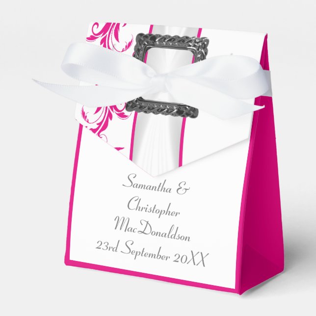 Ljusfuchsia rosa Damask vit snöre bröllop Presentaskar (Framsidan Sidan)