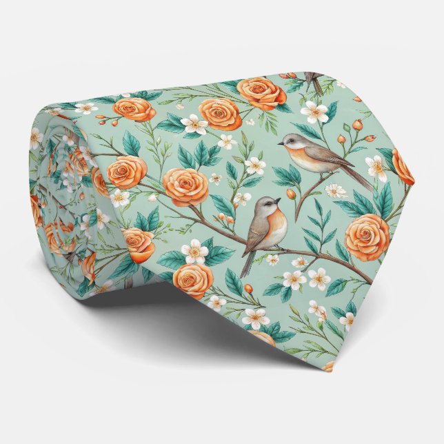 Ljusfulla sångfåglar Orangea blommor Gröna blad Slips (Rullad)