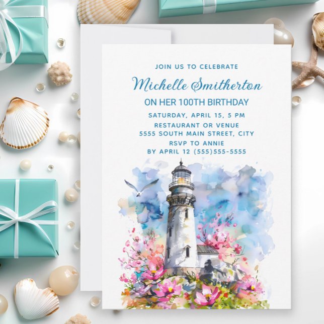 Ljusgård Rosa Blommor 100-årsdag Inbjudningar (Lighthouse and cherry blossoms birthday party invitation)