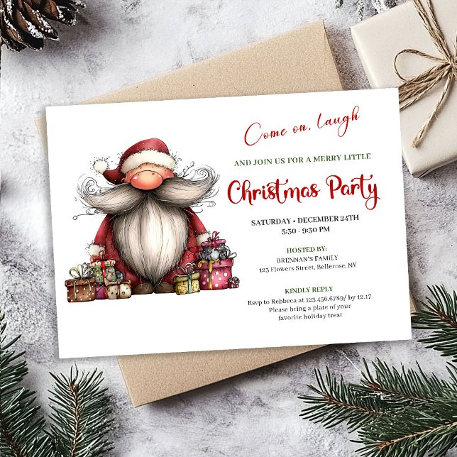 Ljusglad excentrisk jul tomtehandritad semester  inbjudningar (Lighthearted Quirky Santa Hand Drawn Holiday Invite)