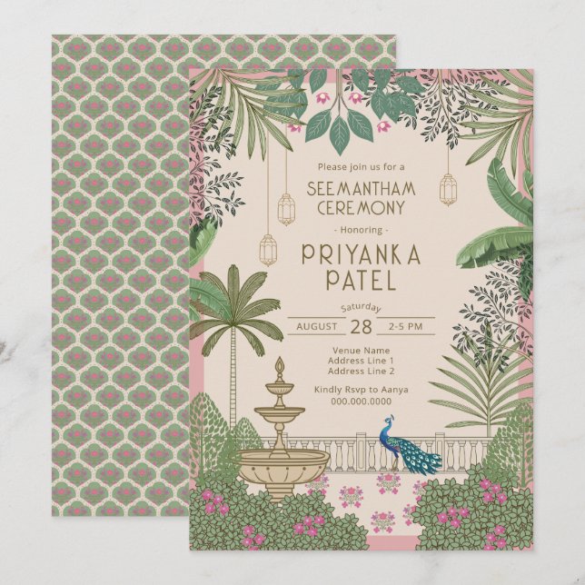 Ljusglänsande Elegant Indisk Seemantham-ceremoni Inbjudningar (Fram/baksida)