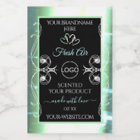 Ljusglänsande etiketter i teal svart med logotyp j