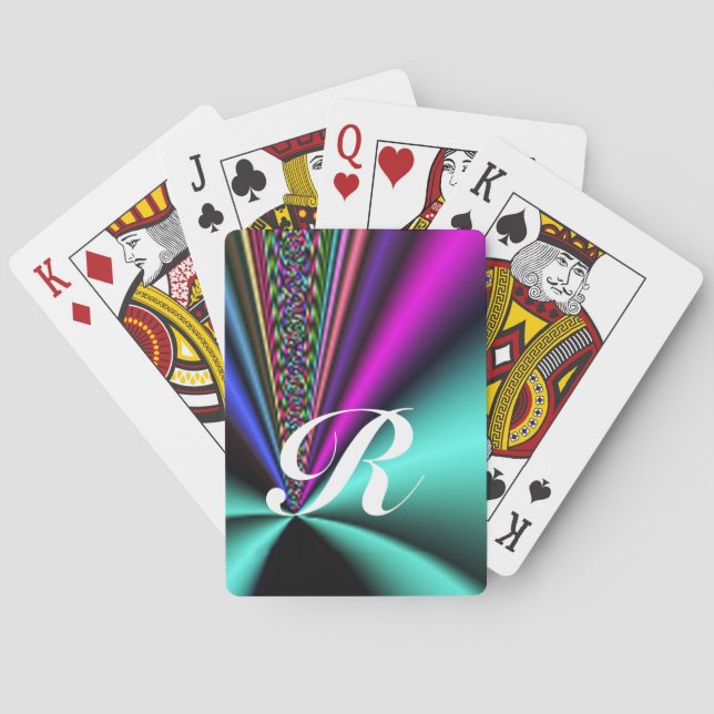 Ljusglänsande färgrika fraktalstrålar med monogram casinokort (Baksidan)