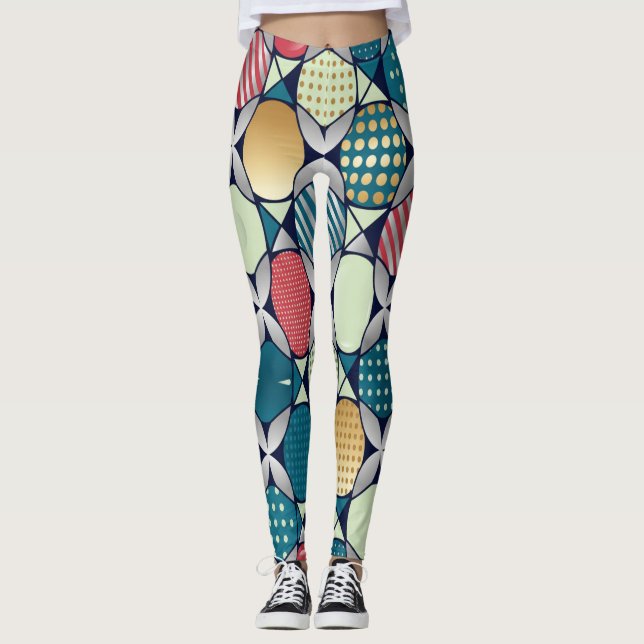 Ljusglänsande Retro-Geometrisk Cirkel Fusion Leggings (Framsida)