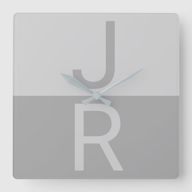 Ljusgrå & Grå Moderna Initialer Monogram Fyrkantig Klocka (Framsida)