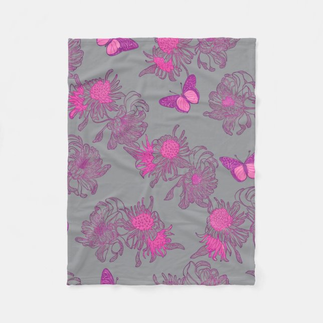 Ljusgrå Rosa Fjäril Blommig Flygtäcke Fleecefilt (Framsidan)
