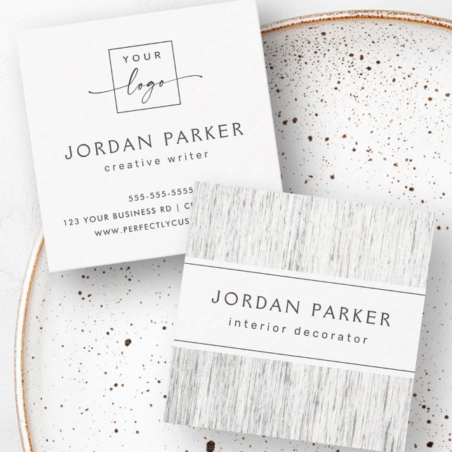 Ljusgrå trä anpassad logotyp elegant fyrkantigt visitkort (Light gray wood custom logo elegant square business card)