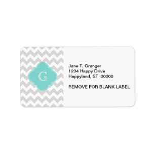 Ljusgrå vit Chevron Aqua Quatrefoil Monogram Adressetikett