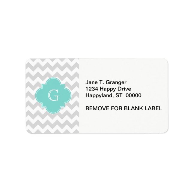 Ljusgrå vit Chevron Aqua Quatrefoil Monogram Adressetikett (Framsidan)