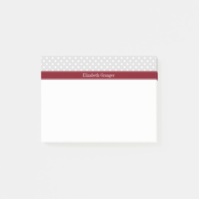 Ljusgrå Vita Prickar Burgunder Namn Monogram Post-it Block (Framsida)