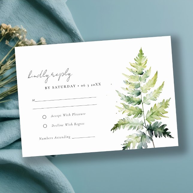 LJUSGRÖN AKVARIEFÄRG FERNBLADSVAR RSVP-KORT OSA KORT (Skapare uppladdad)