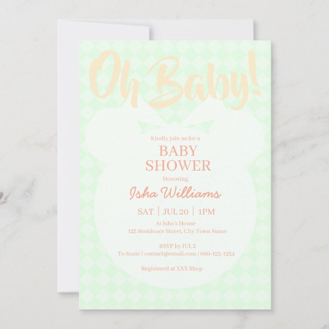 Ljusgrön björn orange baby shower inbjudan (Framsida)