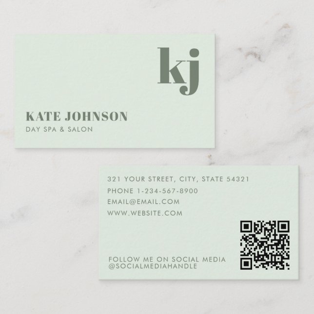 Ljusgrön flickig dagsspa-salong Initialer QR-kod Visitkort (Fram/baksida)