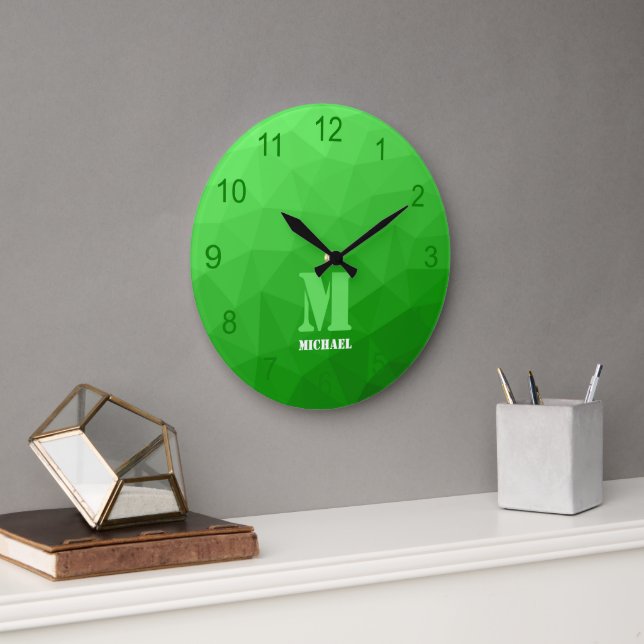 Ljusgrön geometrisk nätmönster monogram stor klocka (Kontor)