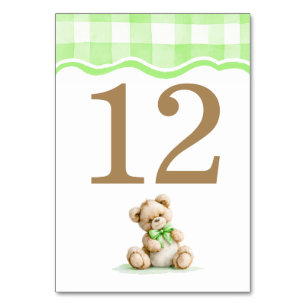 Ljusgrön Gingham Och Teddybjörn Baby Shower Bordsnummer