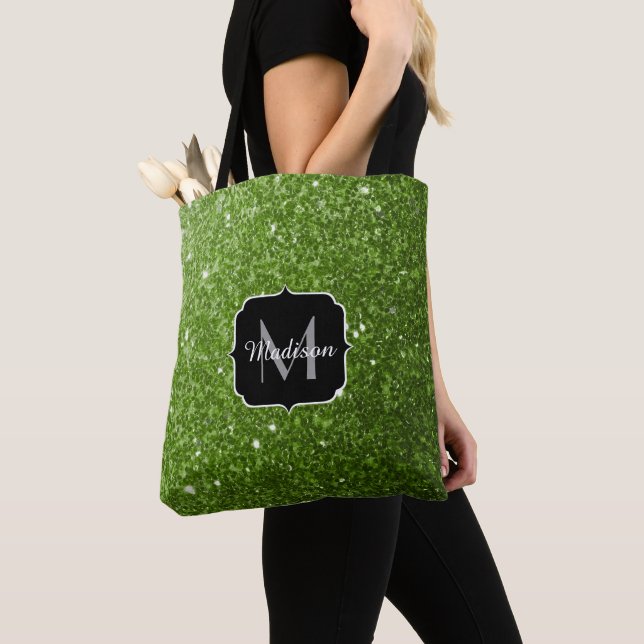 Ljusgrön grönska glitter gnistrar Monogram Tygkasse (Närbild)