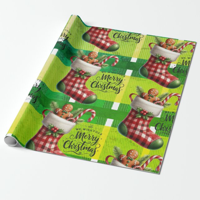 Ljusgrön julrutig jul pepparkaka  presentpapper (Utrullad)