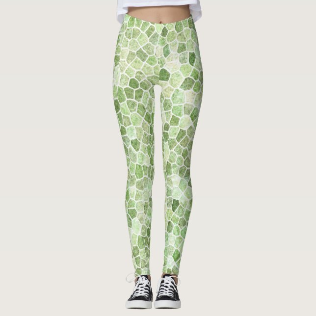 Ljusgrön kullerstens-plockstens-terrazzo-mönster leggings (Framsida)