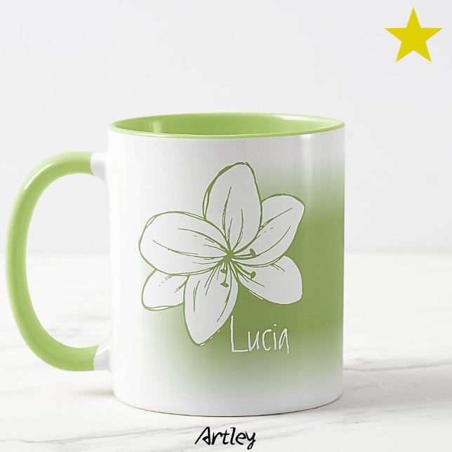 Ljusgrön Minimal Handritad Blomma Anpassat Namn Mugg (Skapare uppladdad)