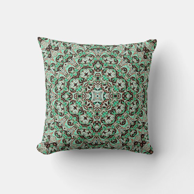 Ljusgrön, mint- och brun mandala. kudde (Framsida)