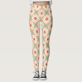 Ljusgrön och terrakotta blomsterglans diamantmönst leggings