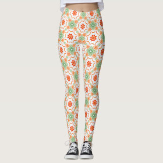 Ljusgrön och terrakotta blomsterglans diamantmönst leggings