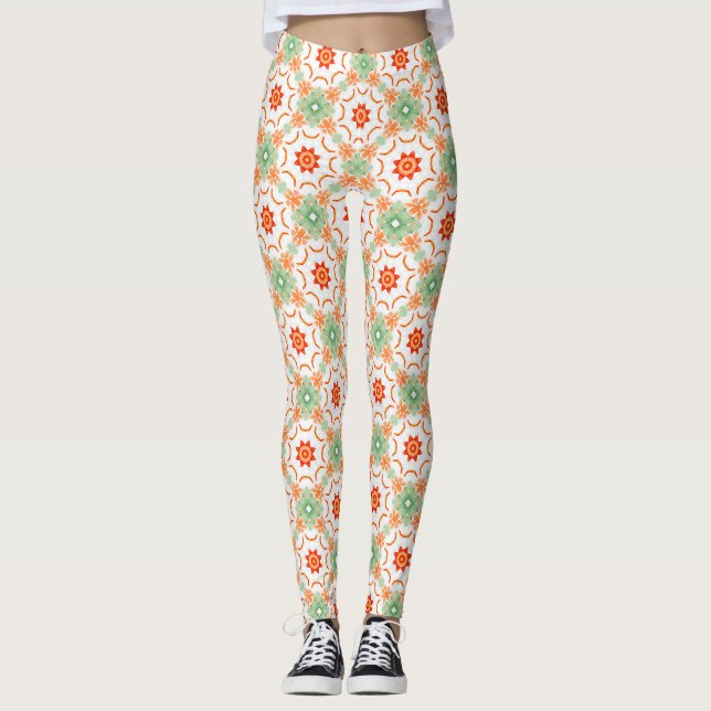 Ljusgrön och terrakotta blomsterglans diamantmönst leggings (Framsida)