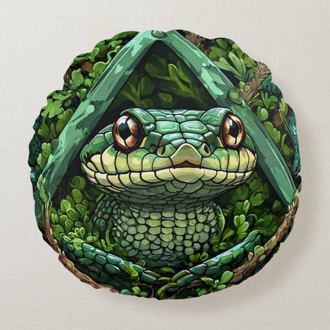 Ljusgrön orm bland tjocka blad rund kudde (Framsidan)