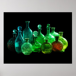Ljusgröna glasflaskor svart bakgrund vägg poster