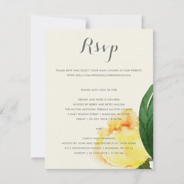 LJUSGUL AKVARELL BLOMSTERHÖGTIDSKORT RSVP OSA KORT (Framsida)