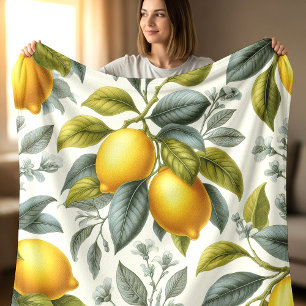Ljusgul citron och blå akvarellbotanik fleecefilt