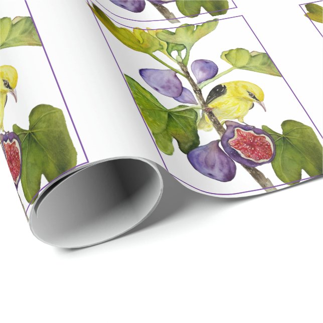 Ljusgul fågel med lila fikon Vattenfärg Presentpapper (Rullad Hörn)