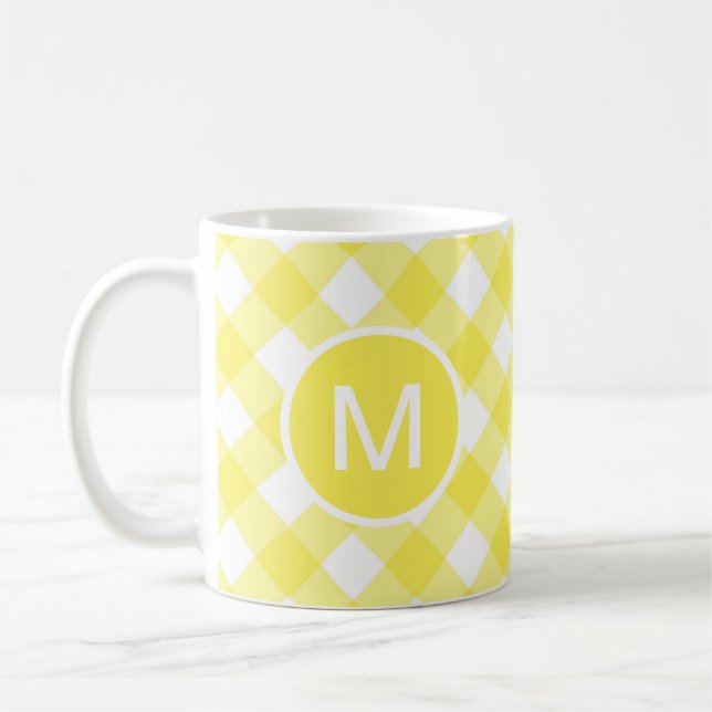 Ljusgul Klassisk Gingham Mönster Monogram Kaffemugg (Vänster)