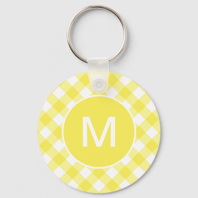 Ljusgul Klassisk Gingham Mönster Monogram Nyckelring (Framsida)