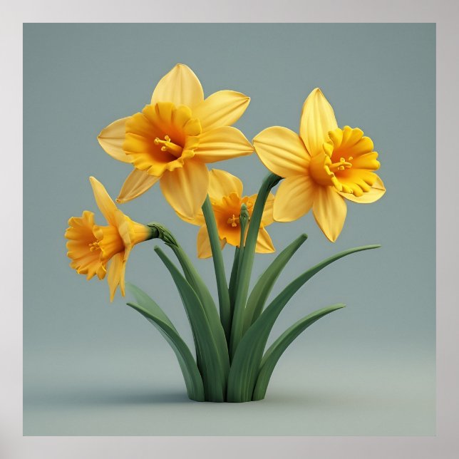 Ljusgul Narcissbukett Med Gröna Blad Poster (Framsidan)
