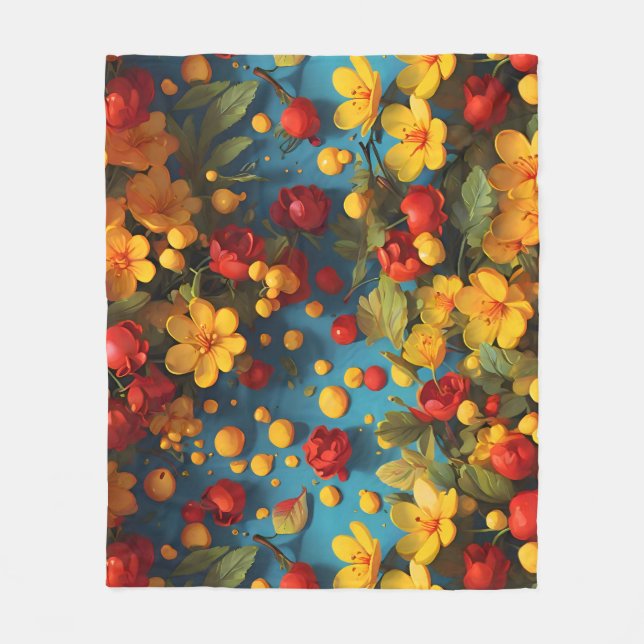 Ljusgul och röd blommig mönsterdesign fleecefilt (Framsidan)