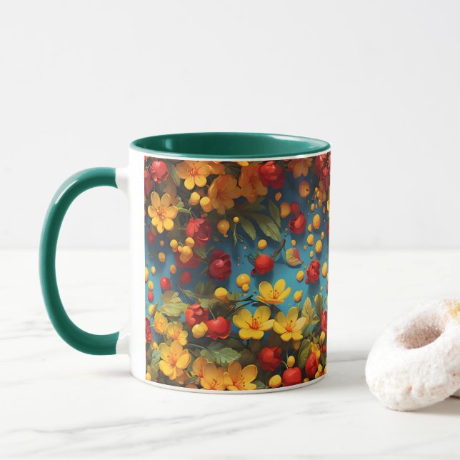 Ljusgul och röd blommig mönsterdesign mugg (Med munk)