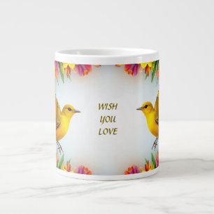 Ljusgula fåglar i en livfull blomsterkant jumbo mugg