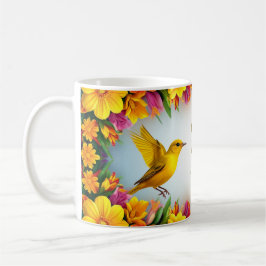 Ljusgula fåglar i en livfull blomsterkant kaffemugg