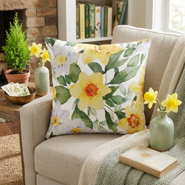 Ljusgult och vitt Narcissblommor Kudde (Vibrant Yellow and White Daffodil Floral Throw Pillow)