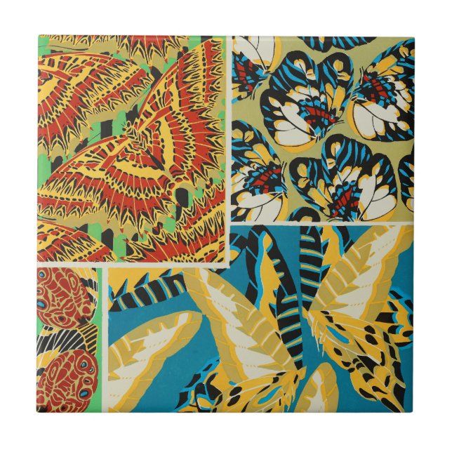 Ljusgult & turkos Art Deco fjärilskonst Kakelplatta (Framsidan)