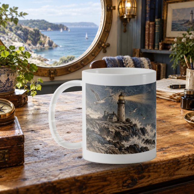 Ljushusbrev Ljushusetsning Mugg (Lighthouse Letters Lighthouse Etching Mug — refined lighting and contact shadows. Digital lifestyle preview.)