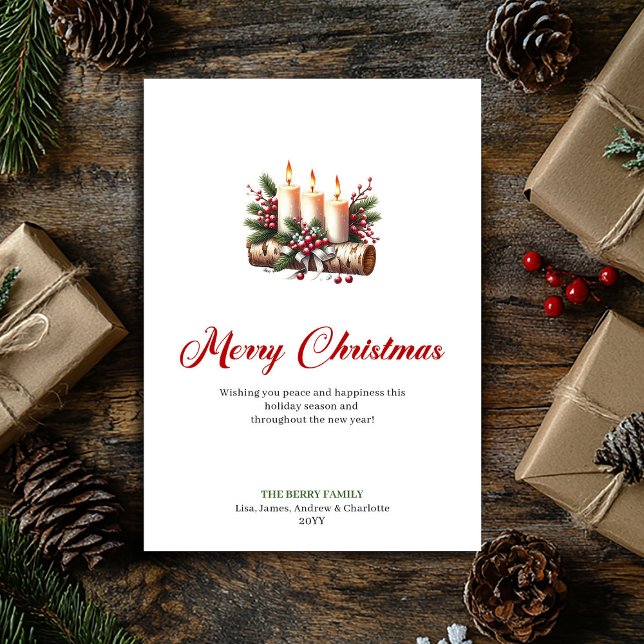 Ljusjul ljus julgran och en karta julkort (Rustic Christmas candles holly and pine card)