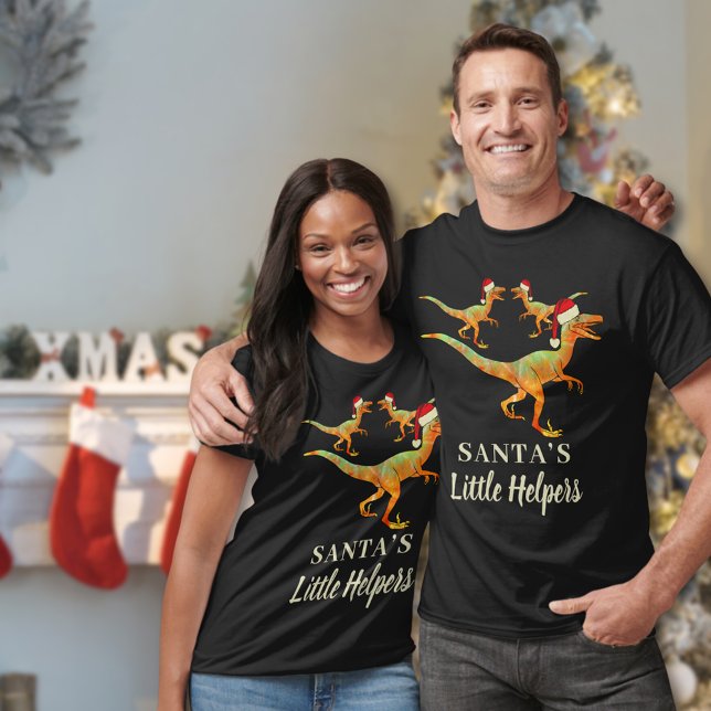 Ljuskjul - Dinosaurs T Shirt (Santas little helpers funny Christmas dinosaur T-Shirt with velociraptor dino wearing Santa hats)