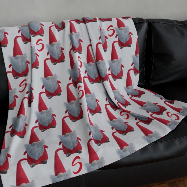 Ljuskjul Gnome Mönster Fleece Blanket (A cute Christmas gnome pattern with space for your initial. Perfect for festive snuggles)