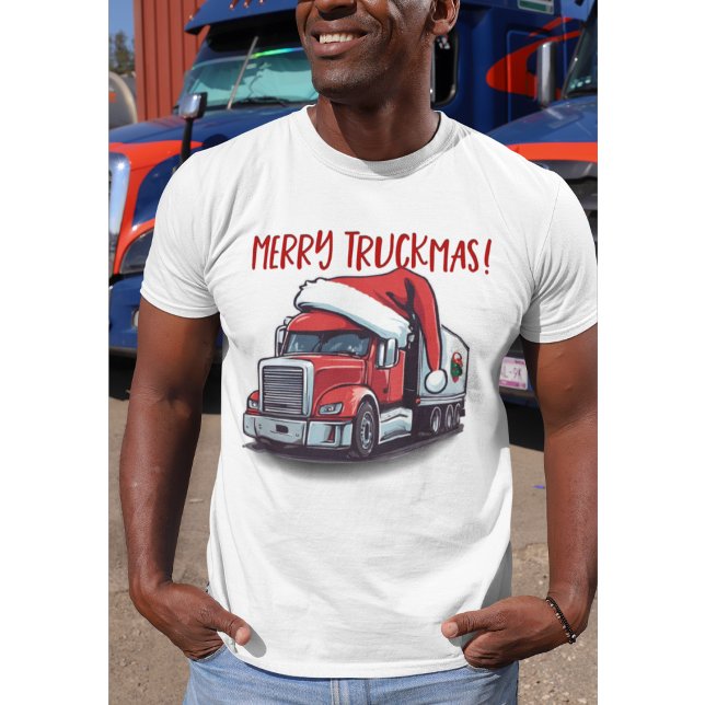 Ljuskjul Semi Transport Lastbil Truckmas T Shirt (Merry Truckmas, A gift for truck drivers featuring a transport truck wearing a Santa hat.)